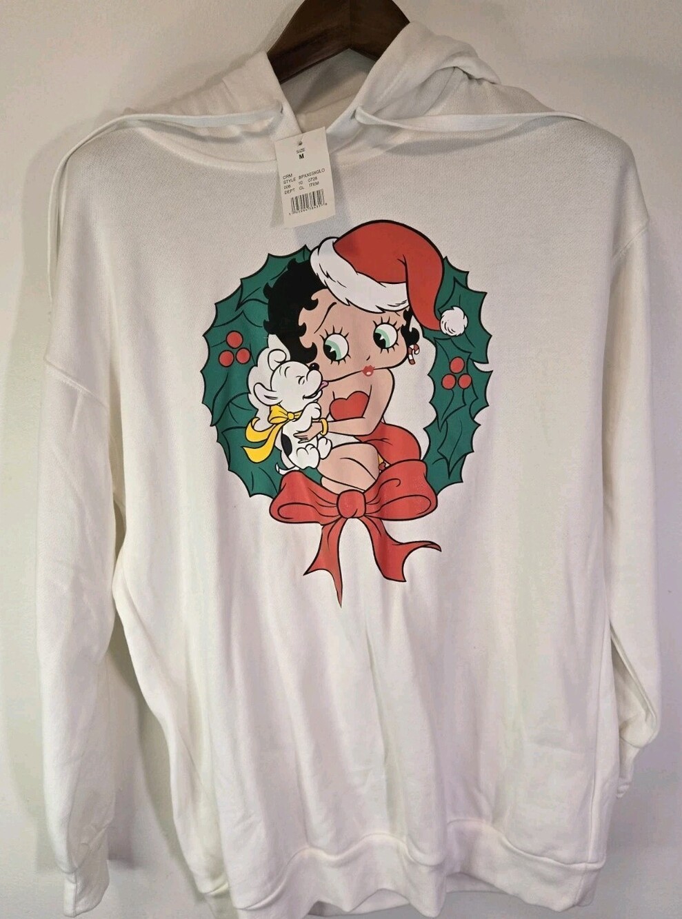 Betty Boop Christmas Hoodie Womens M White Santa Graphic Sweatshirt NWT